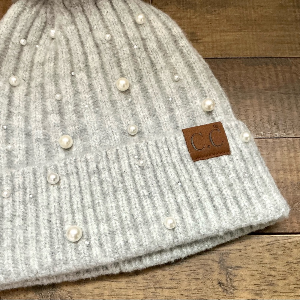 C.C Beanie PomPom Hat Pearl Rhinestone Embellished Coquette Feminine Outdoor NEW - Picture 3 of 9